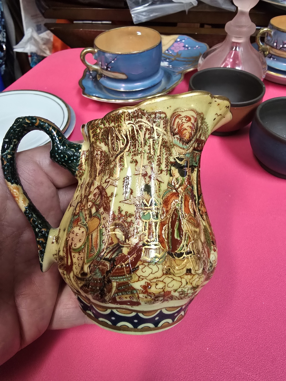 Antique Chinese Hand-Painted Decorative Ceramic Pitcher in Cream and Green 4"x4.